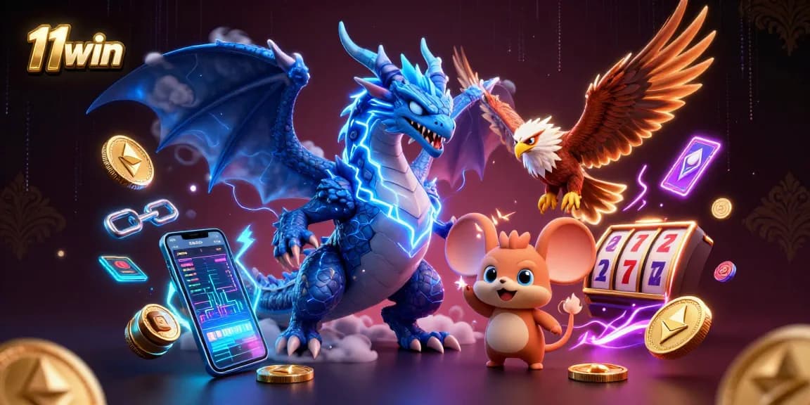 Play and win with 11win in this vibrant 3D casino illustration showcasing dragons and crypto.