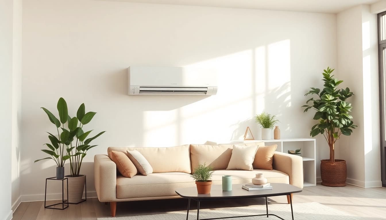 Enhance comfort with a Mitsubishi mini split AC unit in a modern living room setting.