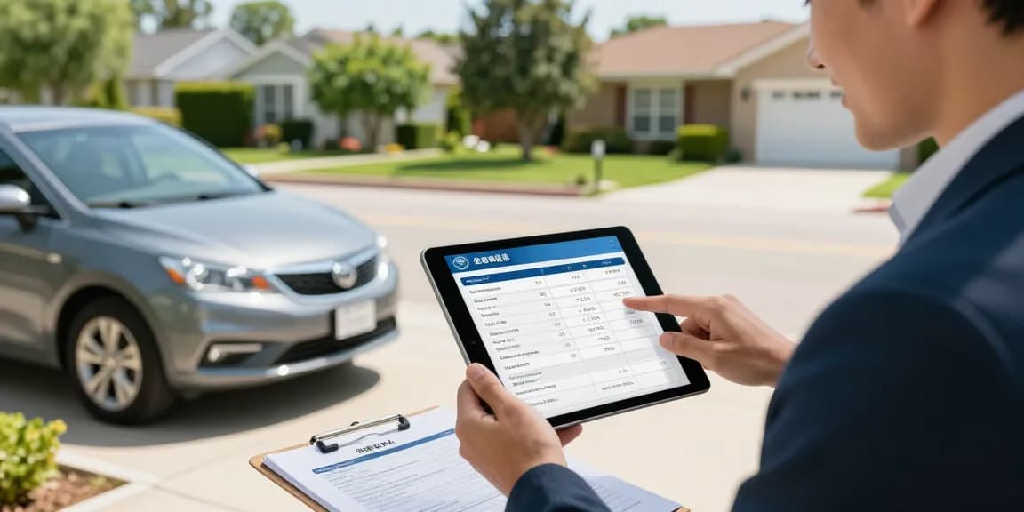 Reg check UK for car buyers reviewing detailed vehicle history report at home.