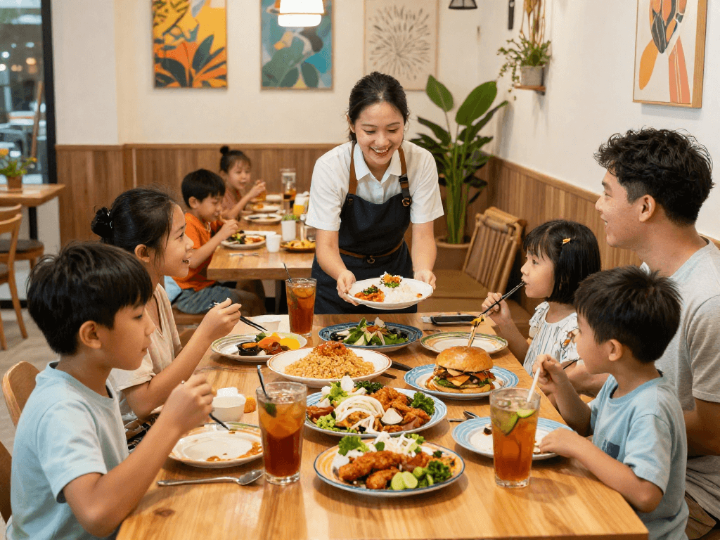 Families enjoying meals at ROKOK 88 restaurant, highlighting crispy chicken rice and oversized burgers in a lively atmosphere.