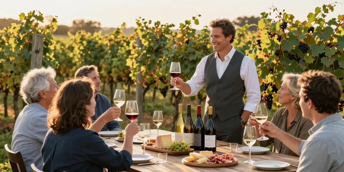 Sommelier presenting Long Island wines to visitors in a scenic vineyard.