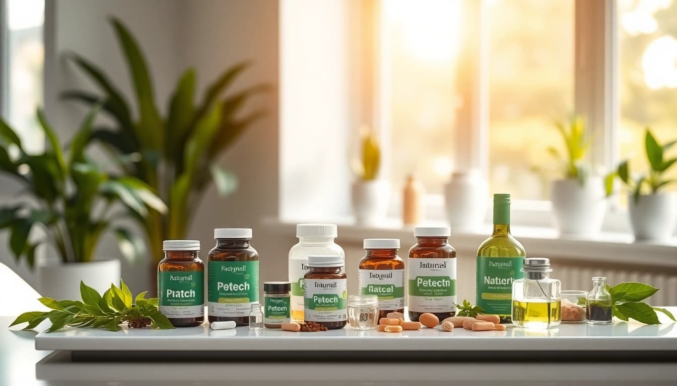 Showcase vibrant health products from https://amc-essentials.com/ on a sleek table in a bright setting.