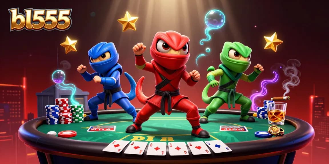 Experience the thrill of bl555 gaming with ninja chameleons at a vibrant poker table.