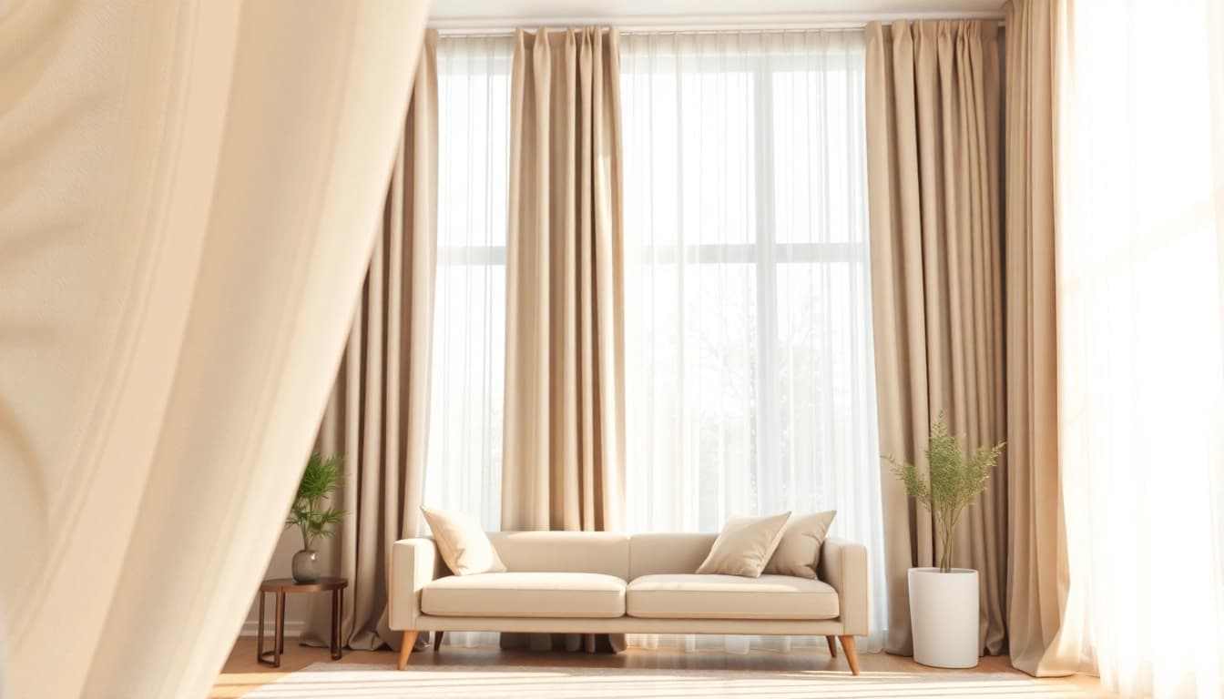 Verduisterende gordijnstof transformeert een woonkamer met elegante draperieën en warme kleuren.