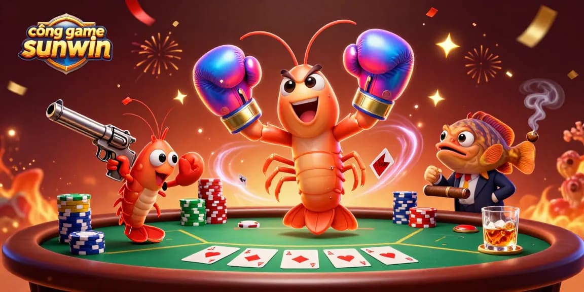 Cổng game sunwin showcases a vibrant 3D poker scene with animated shrimp characters celebrating a big win.