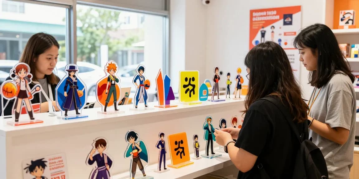 Custom acrylic stand on display in a bright retail store showcasing colorful designs and unique shapes.