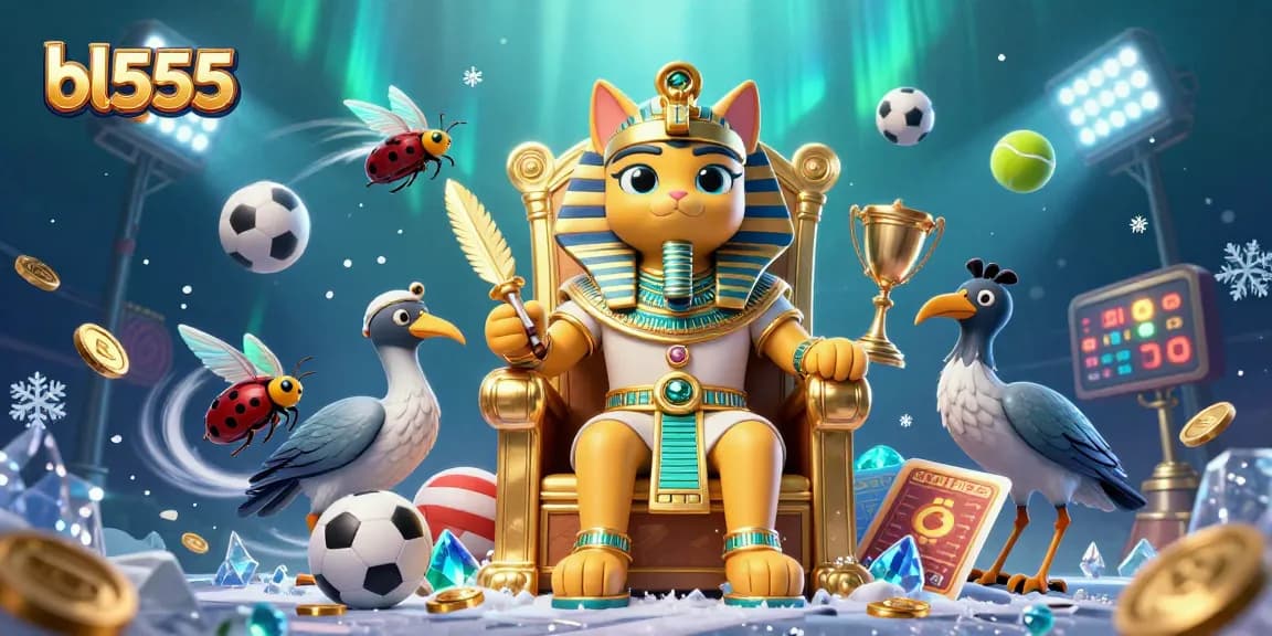 Experience thrilling action at bl555 with an Egyptian pharaoh cat and sports elements in a vibrant casino scene.