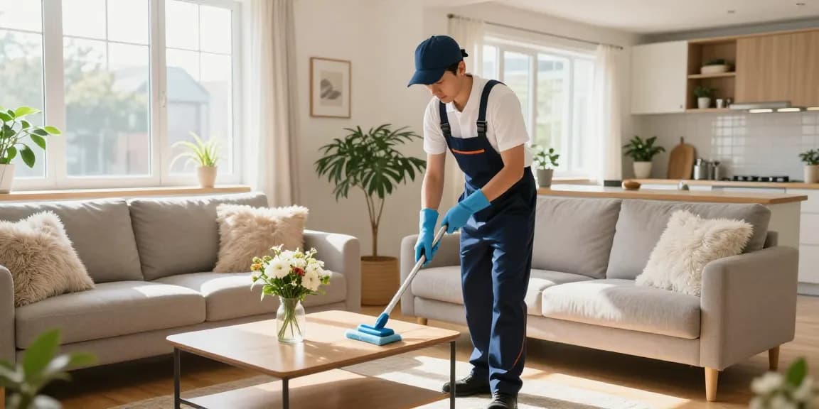 Professional cleaner performing wohnungsreinigung bern in a bright, cozy living room space.