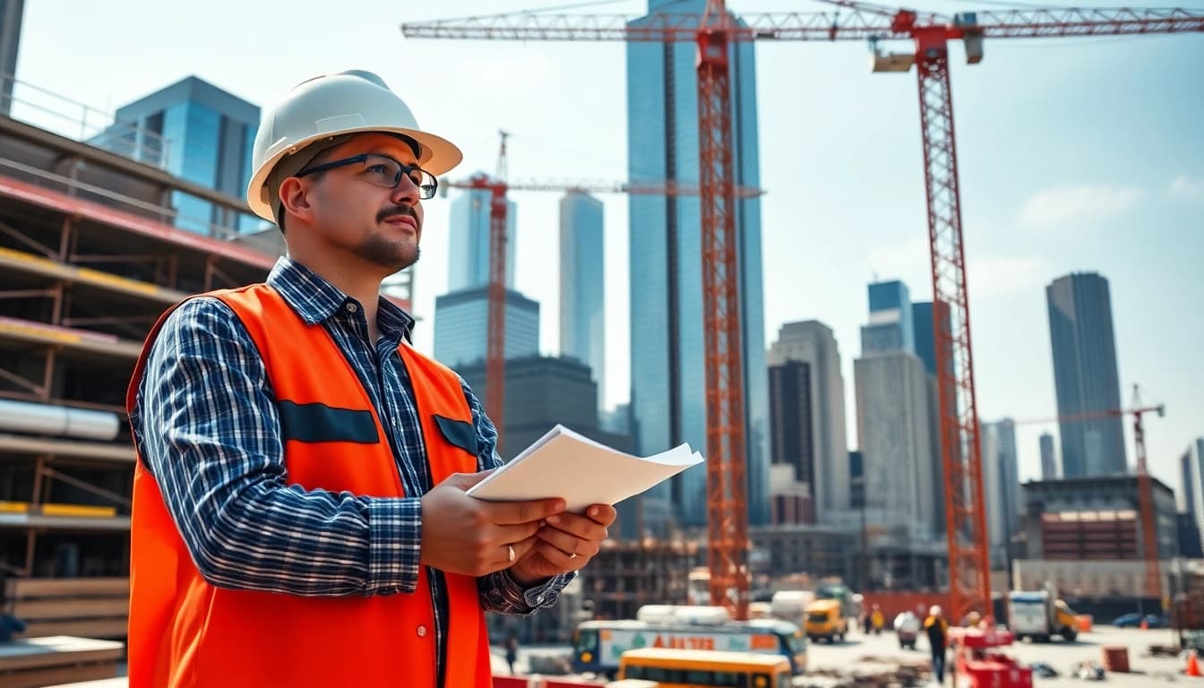 New York City Construction Manager supervising a bustling construction site in an urban environment.