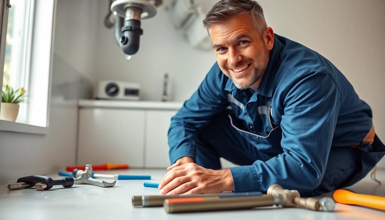 Find a qualified plumber near me fixing a leaky pipe in a modern kitchen setting.
