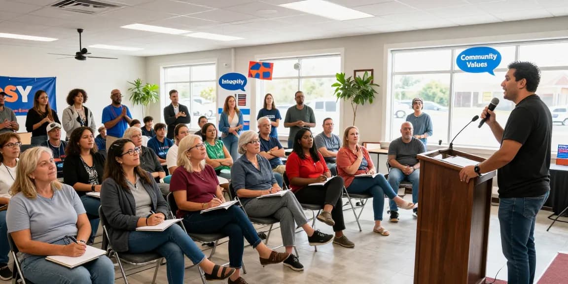 Casey Askar addressing voters at a community town hall meeting.