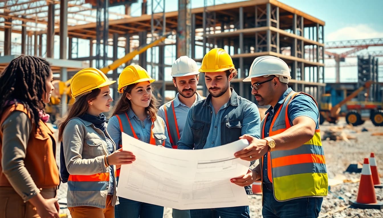 construction career professionals collaborating on a busy building site with blueprints and tools