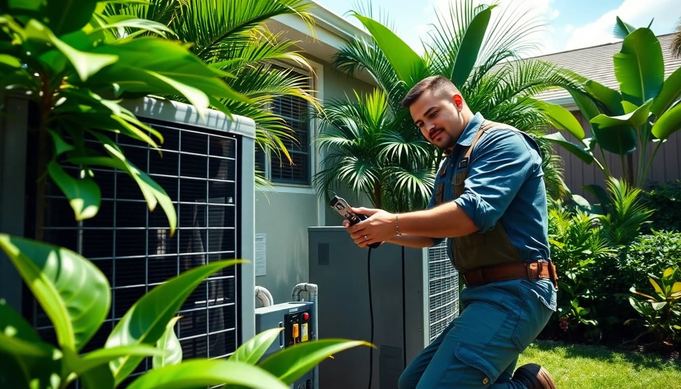 Air Conditioning Repair Tampa technician expertly servicing a home AC unit in a vibrant Tampa yard.