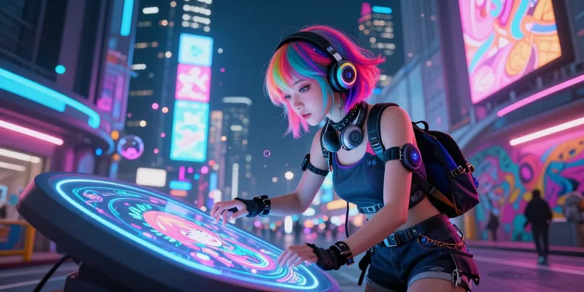 Young anime-style woman exploring AI-generated art in a vibrant urban setting, highlighting the keyword ai ecchi.