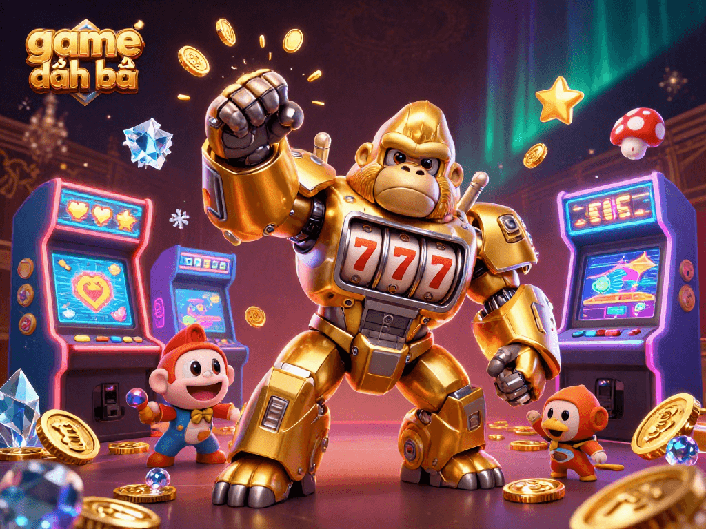 Engage in thrilling game đánh bài action with a charismatic golden gorilla mech amidst slot machines.