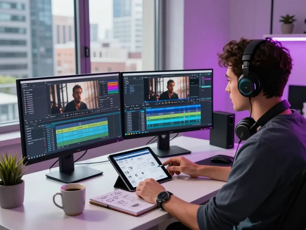 NSFW content creator editing video in modern office, dynamic and focused atmosphere.