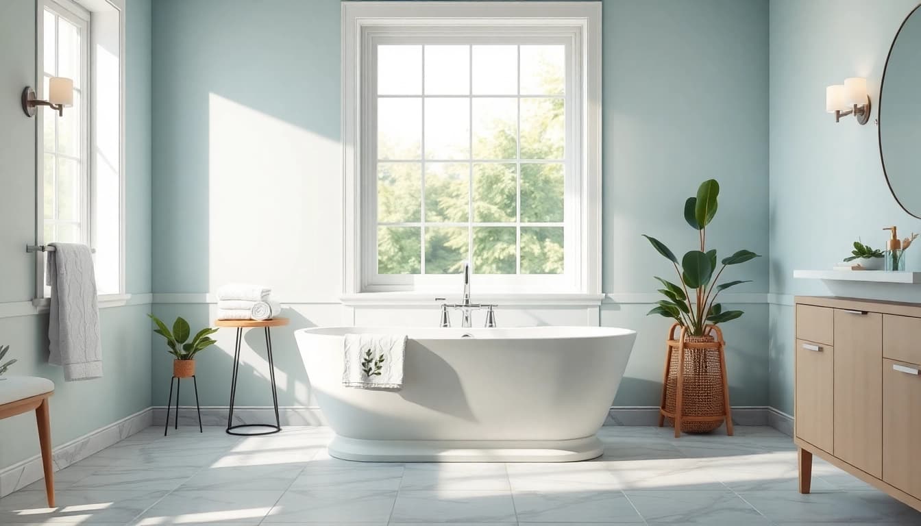 Bath reconstruction with a modern freestanding tub and tranquil design features.