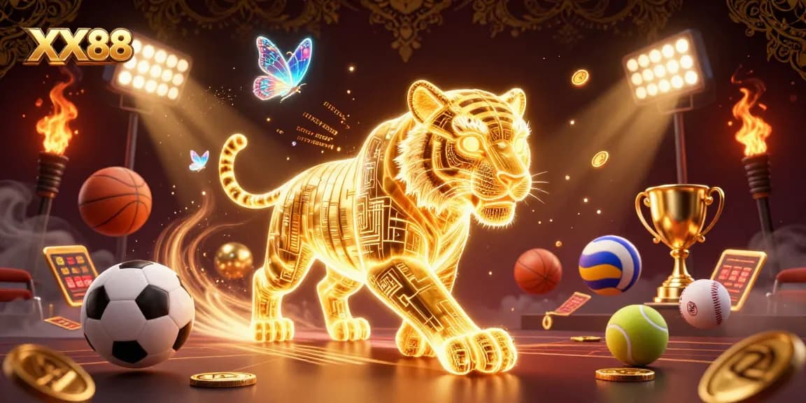 Experience the thrilling vibes of XX88 with a vibrant casino scene featuring a golden tiger and sports elements.