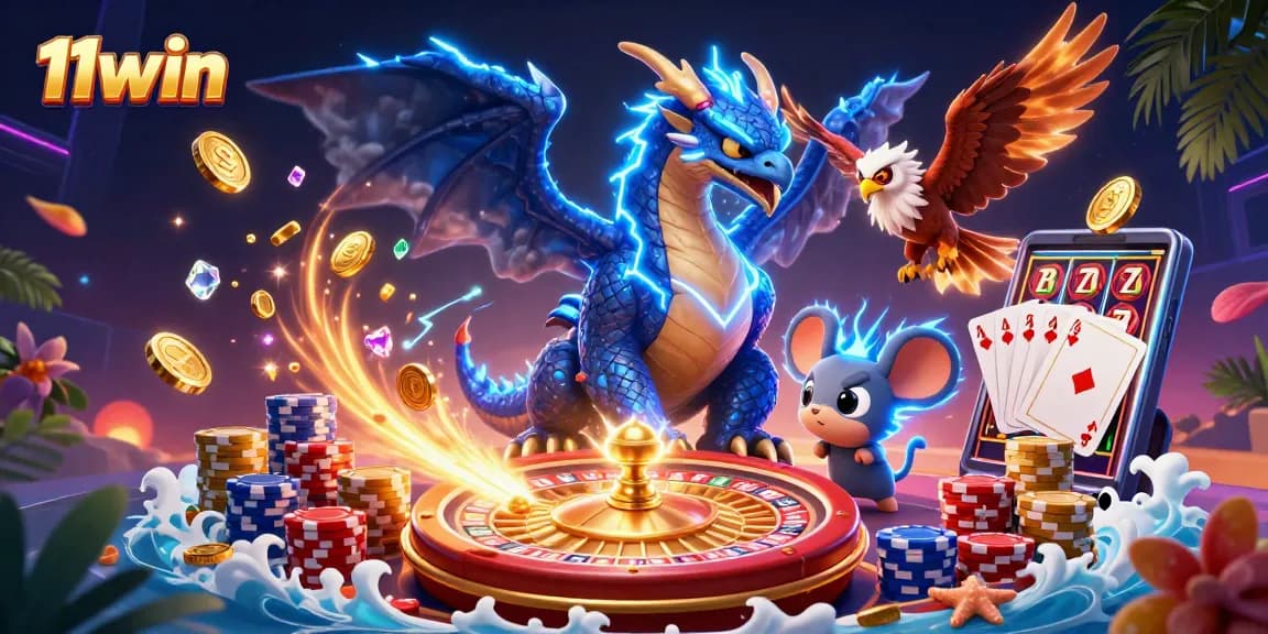 Win big at 11win with a dynamic 3D casino scene showcasing thrilling games and vibrant characters.