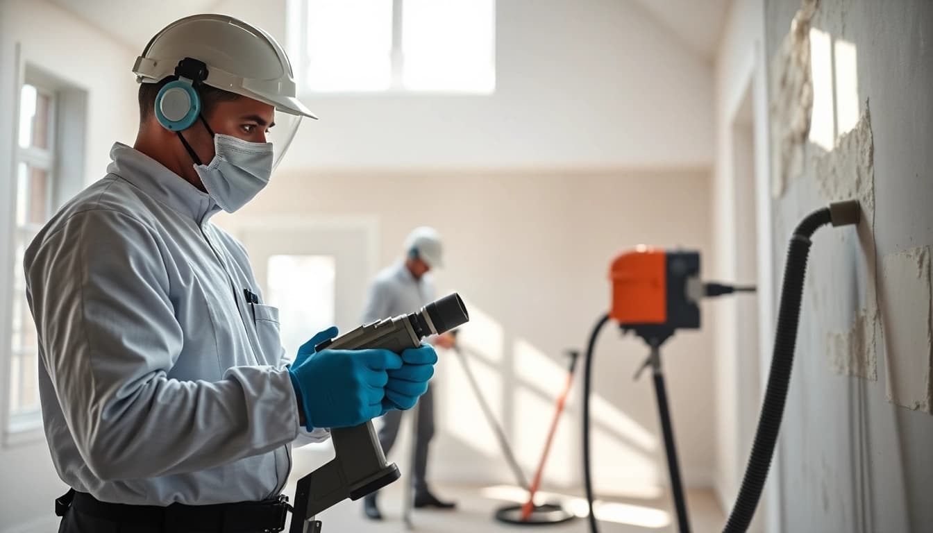 Spray foam removal specialists efficiently working in a home setting, showcasing professional equipment and technique.