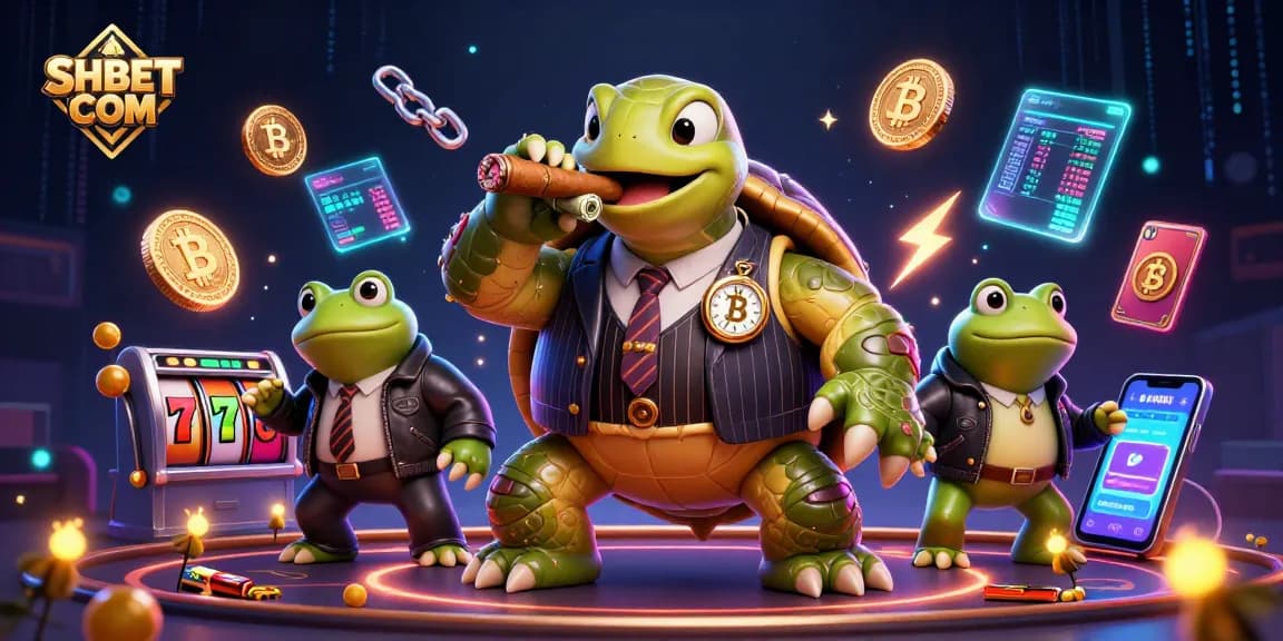 Experience thrilling slots and crypto excitement with SHBET COM in this vibrant 3D casino scene.