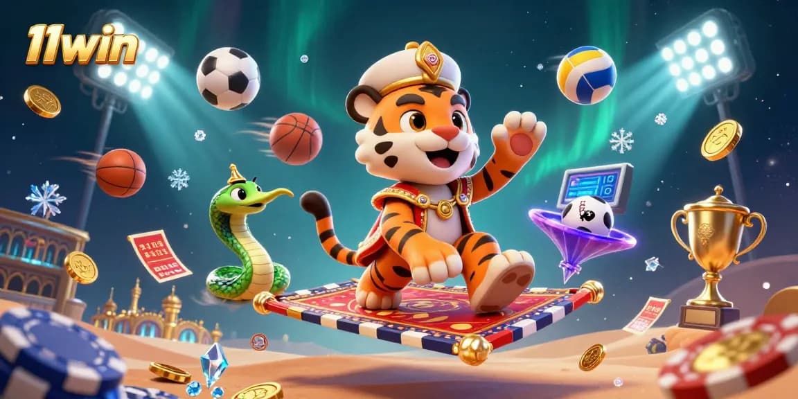 Engage with 11win, exploring adventure in a vibrant 3D illustration of a tiger sultan and sports elements.