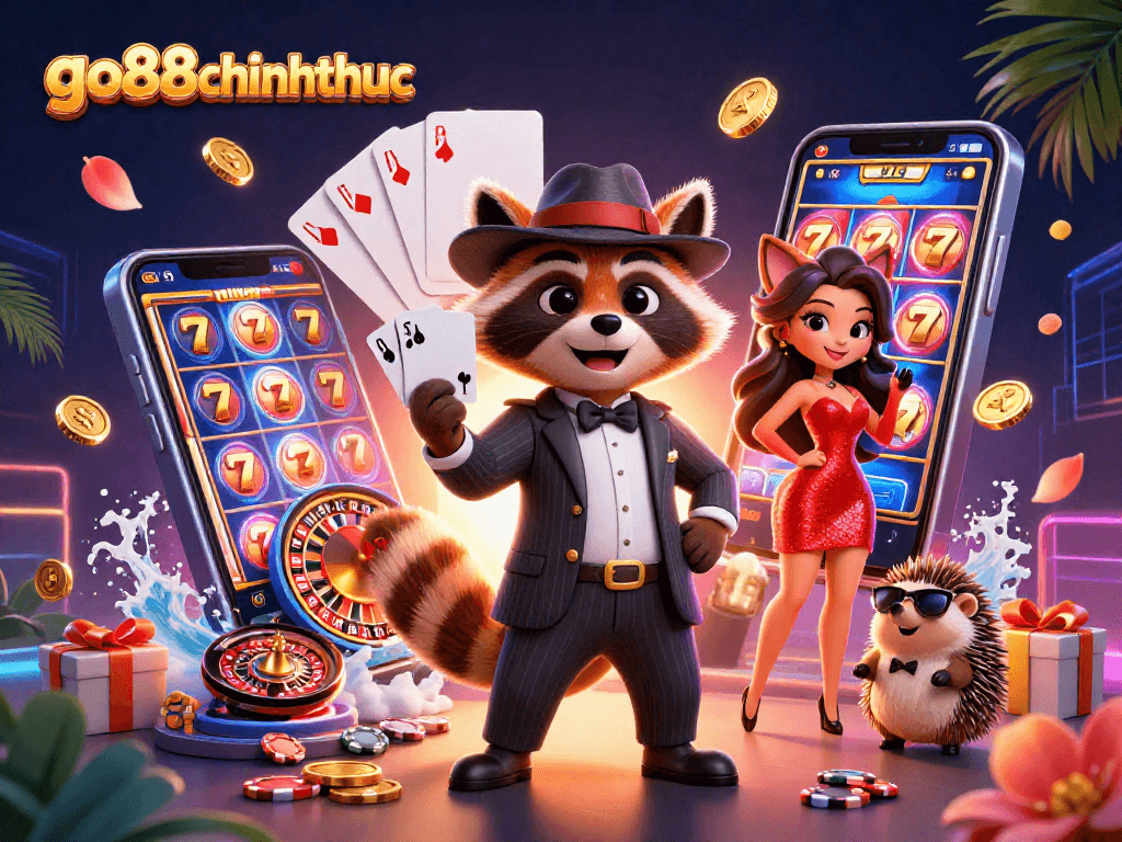 Experience the excitement of go88chinhthuc with a raccoon holding a royal flush surrounded by casino elements.