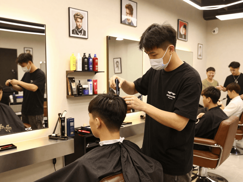 Stylish haircut at ROKOK88 Barbershop with barber and client in modern setting.