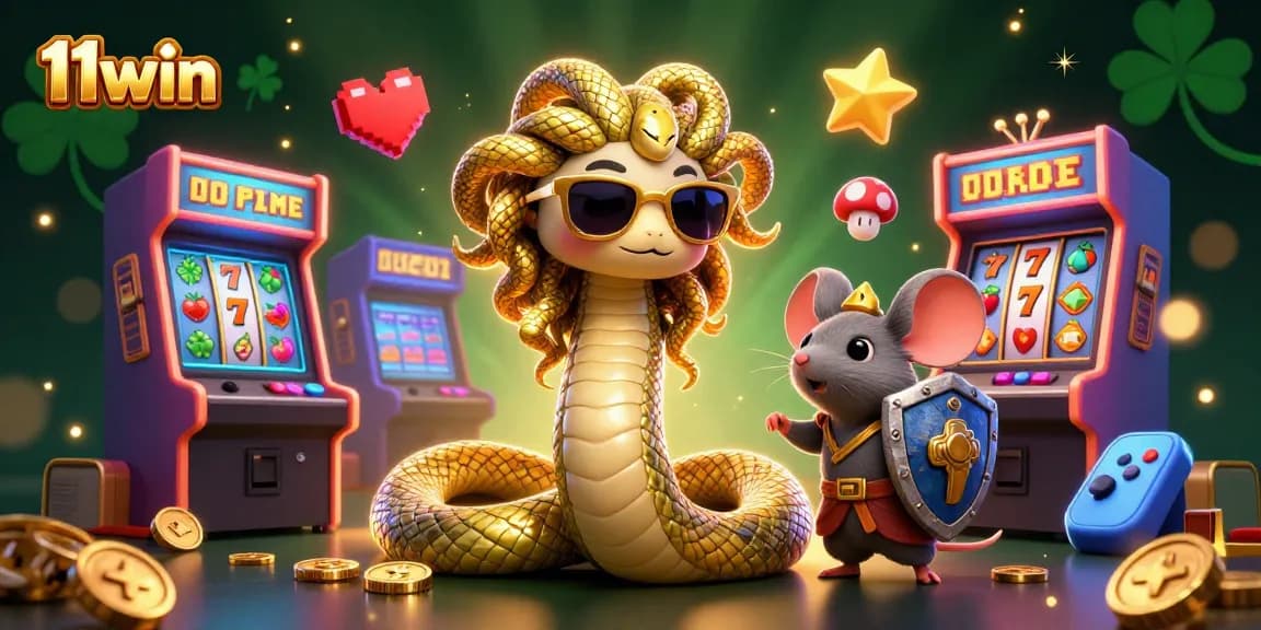 Experience the excitement of winning at 11win with Medusa and a heroic mouse in this vibrant casino scene.