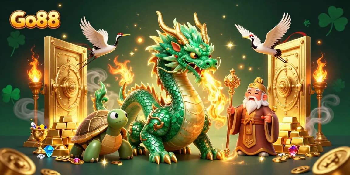 Experience thrilling wins at Go88 with a vibrant scene featuring a jade dragon and lucky symbols.