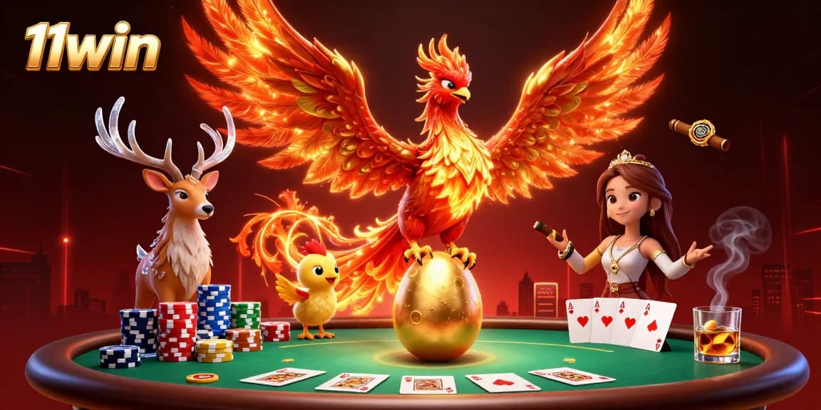 Experience thrilling action at 11win as a phoenix rises amidst poker excitement and vibrant casino elements.