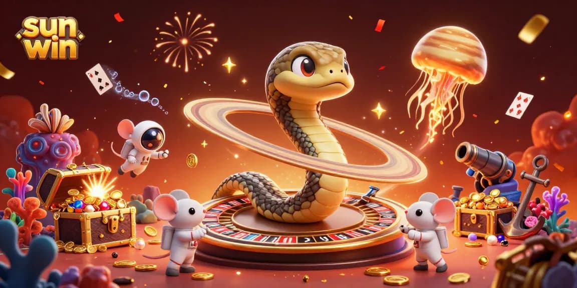 sun win themed cosmic roulette scene with animated snake and playful astronaut mice