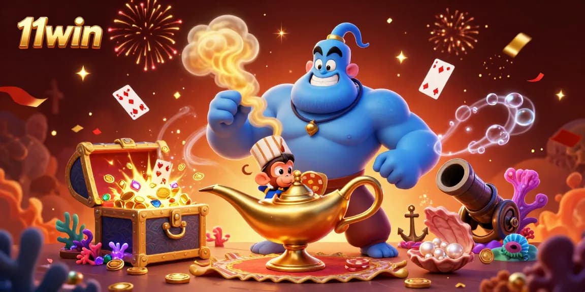 11win showcases a magical casino scene with genie, monkey, and poker chips amidst celebrating treasures.