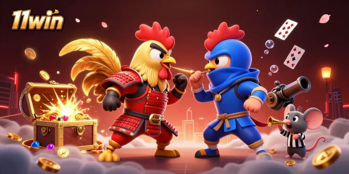 Engage with the dynamic 11win scene featuring cartoon roosters in a dramatic gambling showdown.
