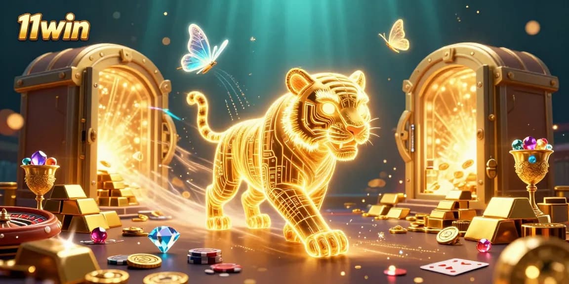Win big at 11win with a vibrant digital casino featuring neon tiger and roulette.