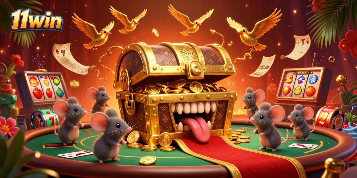 Engage with thrilling jackpot chances at 11win, showcasing vibrant slots and treasure hunting mice.