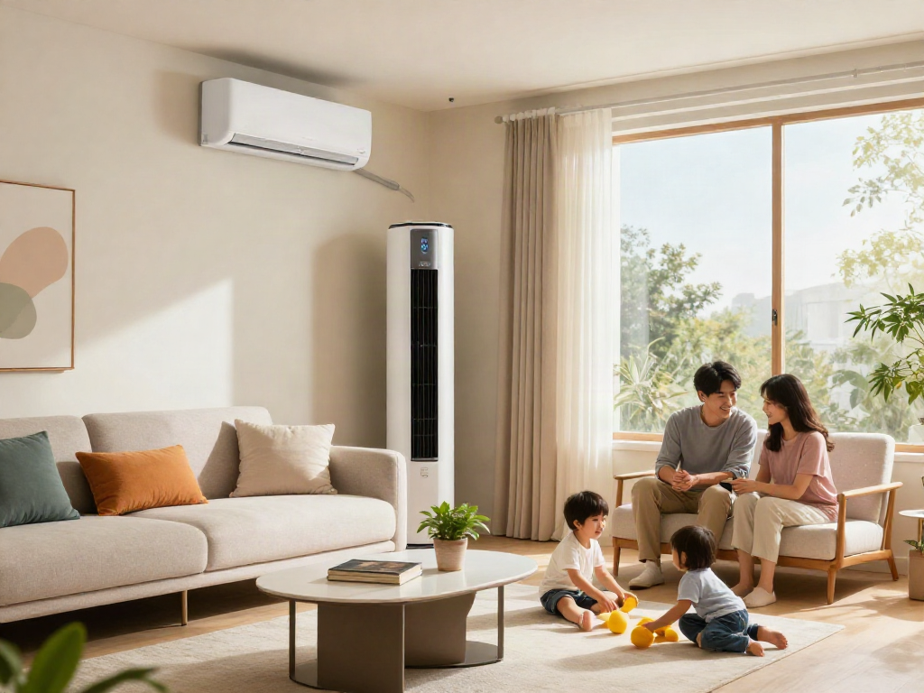 Family enjoying a cozy living room with a 2400 btu mini split air conditioning unit installed, enhancing comfort and style.