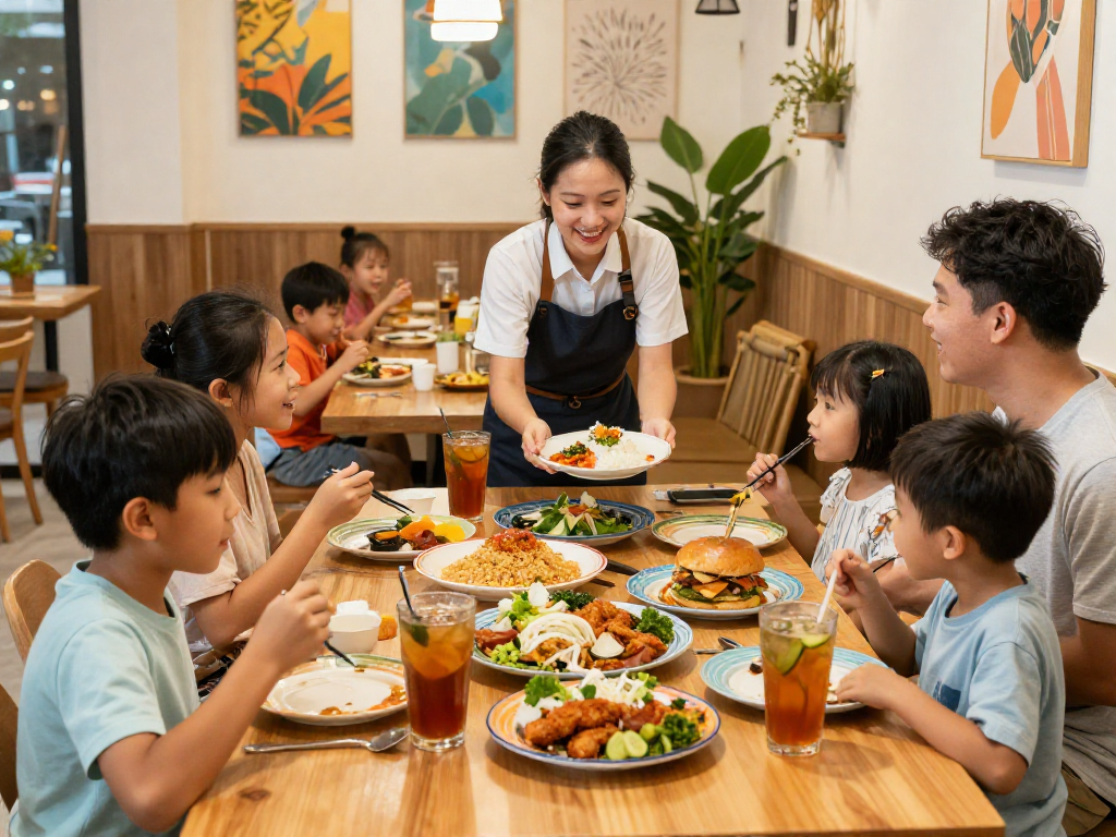 Families enjoying meals at ROKOK 88 restaurant, highlighting crispy chicken rice and oversized burgers in a lively atmosphere.