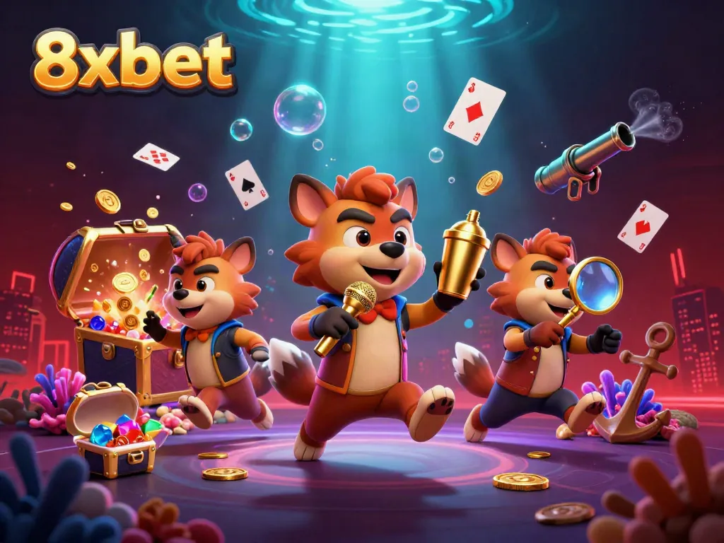 Experience 8xbet's comedy casino with lively hyenas, gold coins, and vibrant underwater themes.