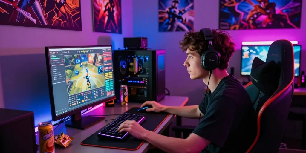 Player engaging in rokok88 rtp gaming session with immersive digital setup and vibrant atmosphere.