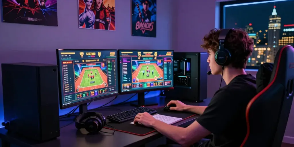m88.com login alternatif gaming setup with dual screens and vibrant atmosphere
