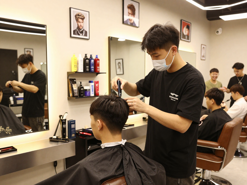 Stylish haircut at ROKOK88 Barbershop with barber and client in modern setting.