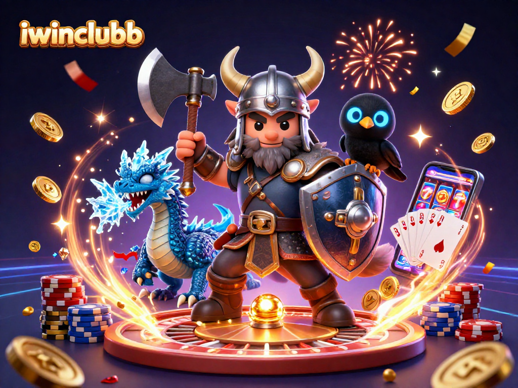 iwinclubb showcases a Viking wolf warrior, dragon, and raven in an animated casino scene full of excitement.