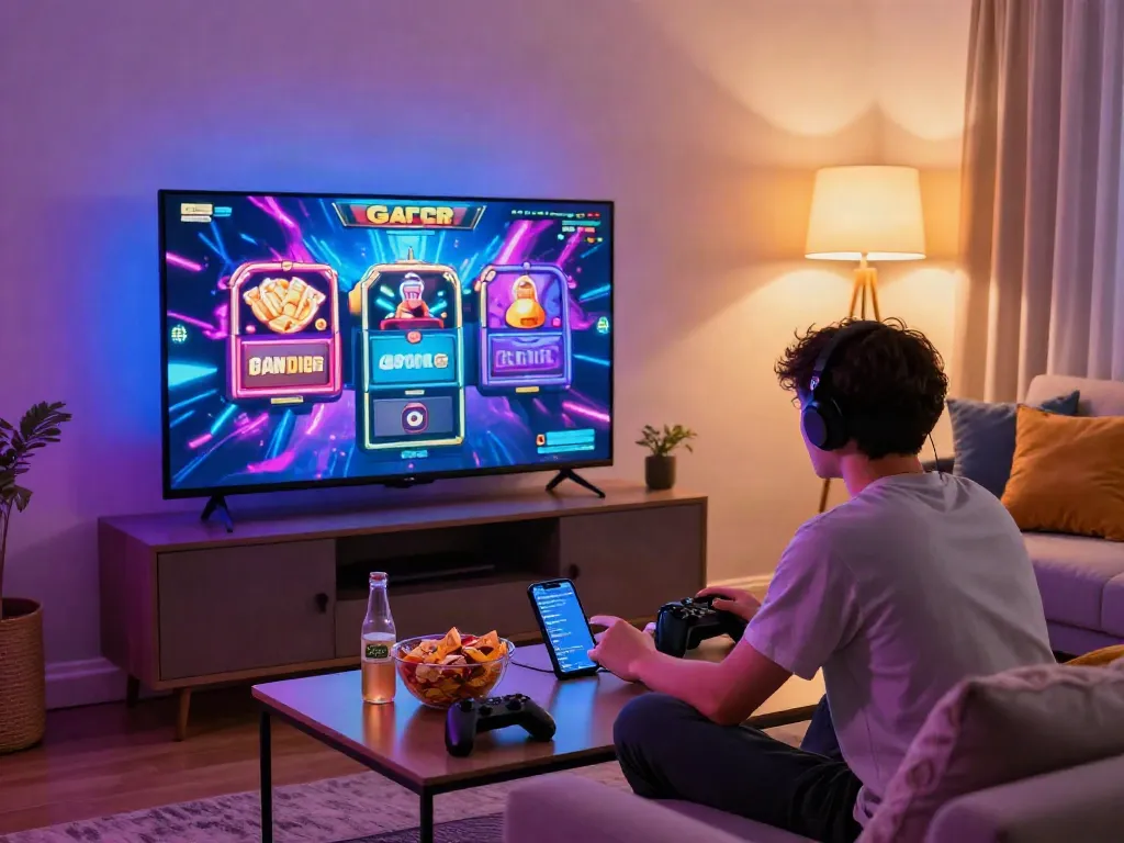 Player enjoying slot gacor game in a vibrant living room.