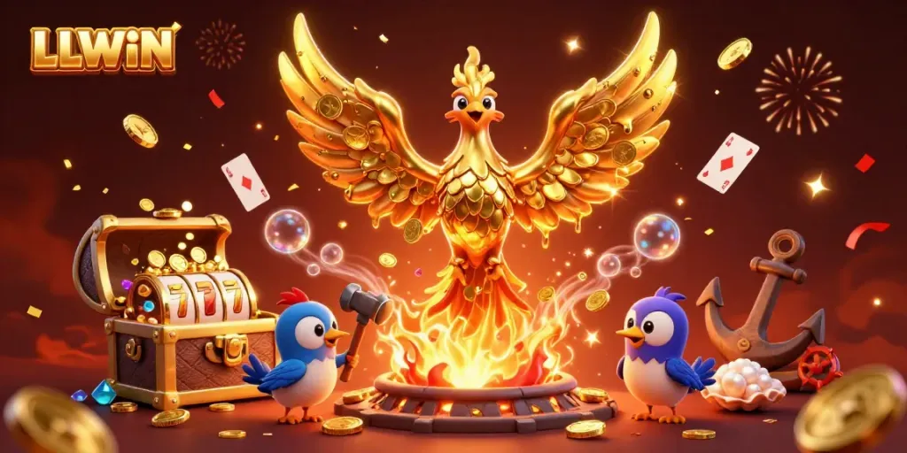 Experience LLWIN's lavish golden casino adventure with a molten phoenix and vibrant slot elements.