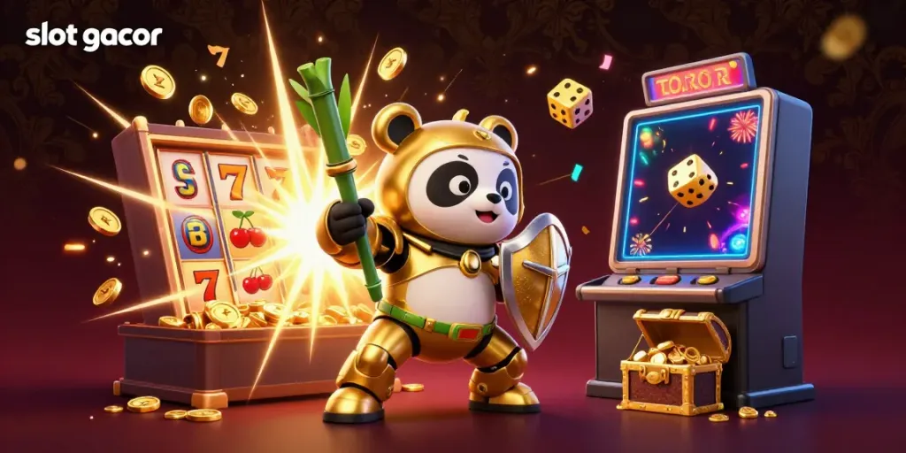 Menangkan jackpot dengan slot gacor dalam ilustrasi 3D yang meriah dan penuh warna.