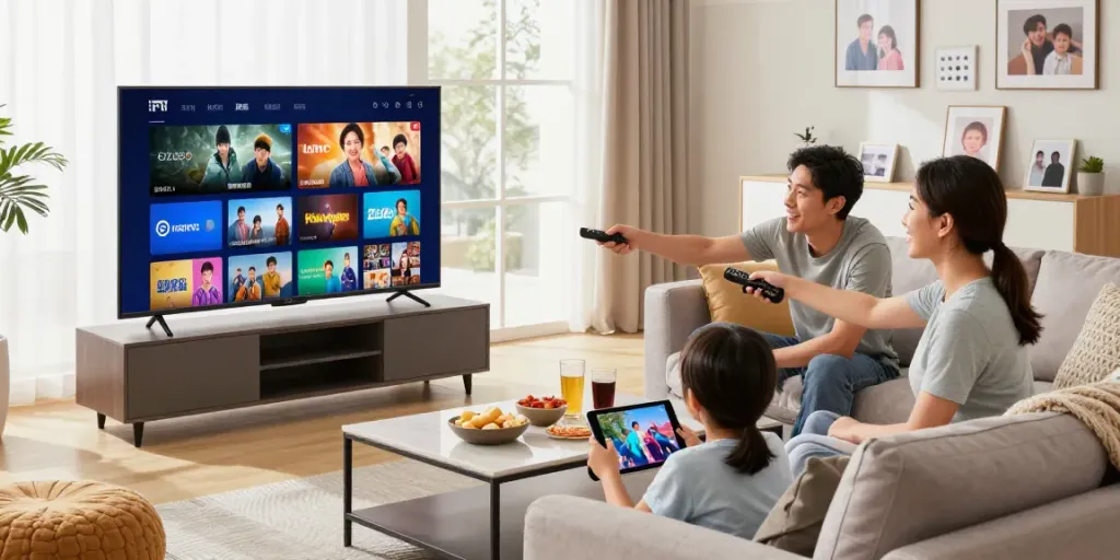 A family enjoying IPTV entertainment together in a cozy living room, showcasing diverse IPTV prices and options on the TV.