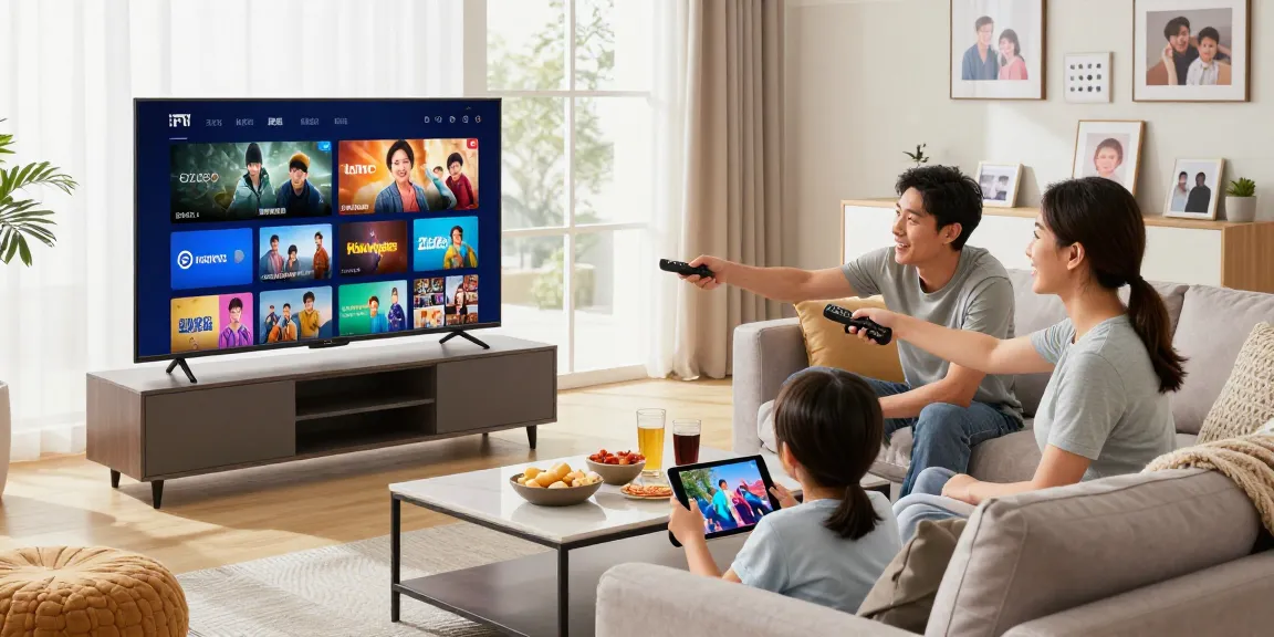 A family enjoying IPTV entertainment together in a cozy living room, showcasing diverse IPTV prices and options on the TV.