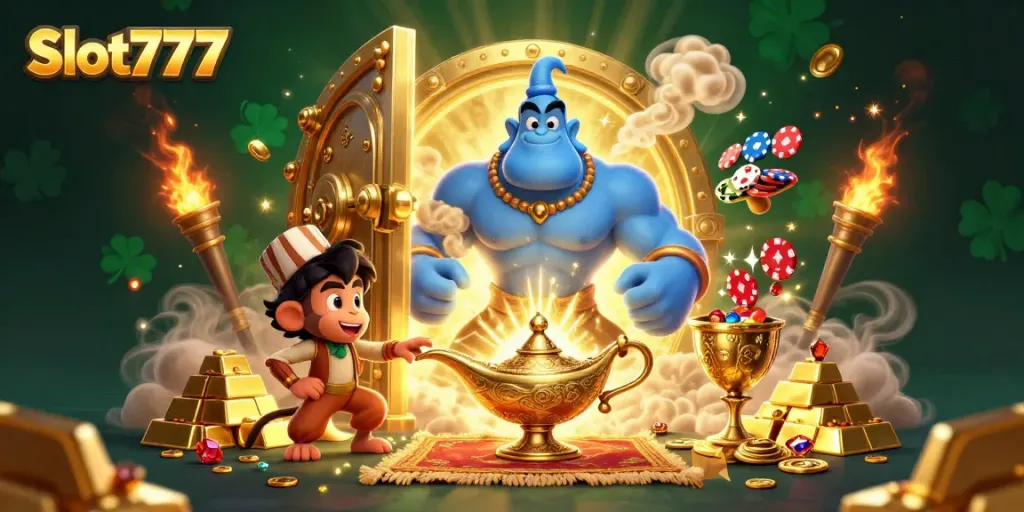 Permainan Slot777 yang seru dengan genie biru, koin emas, dan konten berkualitas tinggi.