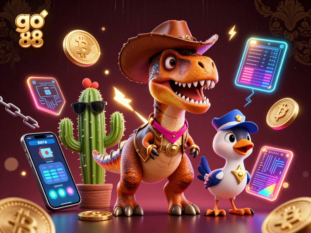 Engage with go 88 in this dynamic casino scene featuring a cowboy T-Rex, crypto elements, and vibrant energy.